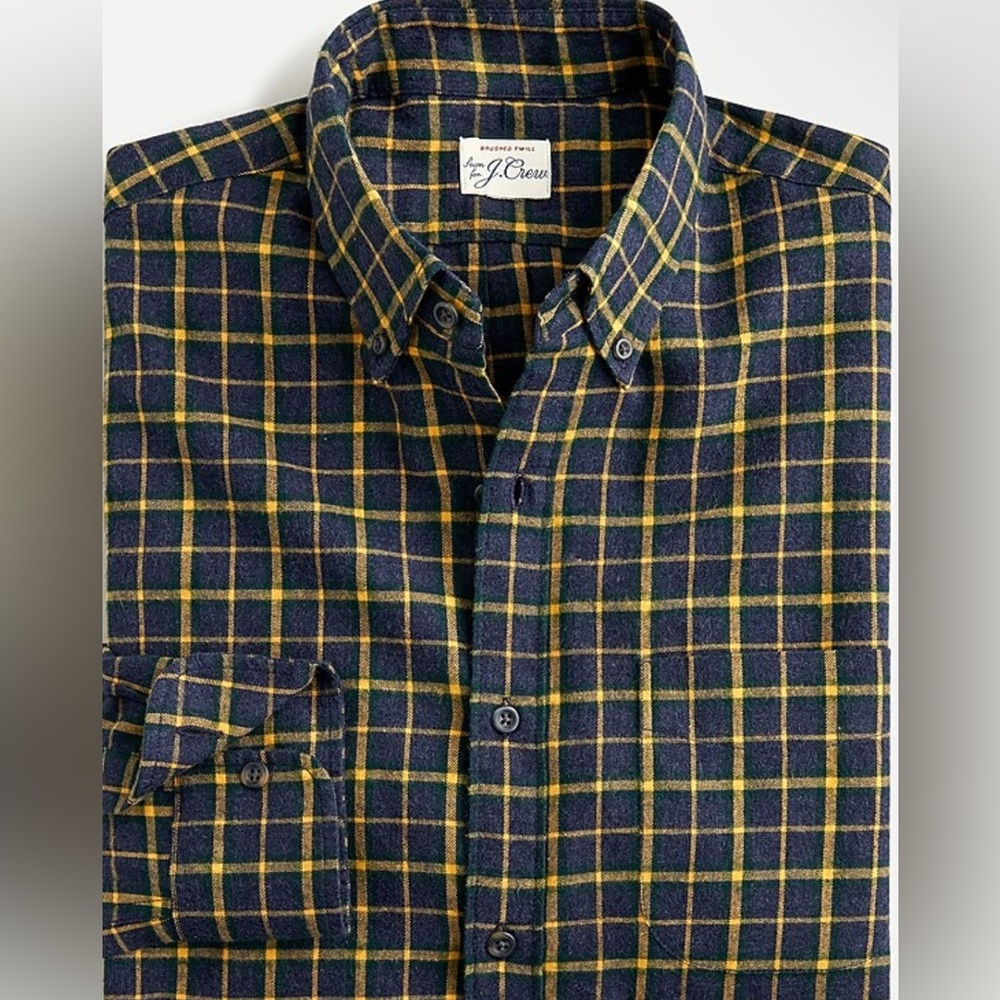 J.Crew Men’s Slim-fit Brushed-twill Flannel Shirt navy blue & yellow plaid Sz M
